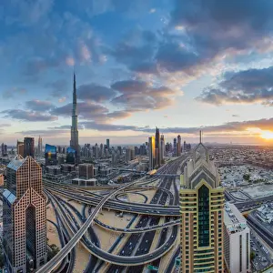 The Burj Khalifa Dubai, elevated view across Sheikh Zayed Road and Financial Centre
