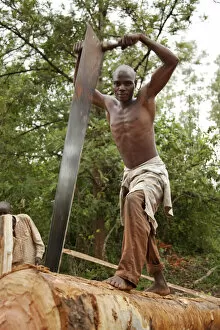 Worker Gallery: Burundi. A man cuts a tree into planks in a traditional sawpit