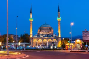 Republic Square Prints: Burunguz mosque in republic square at twilight. Kayseri, central Anatolia, Turkey