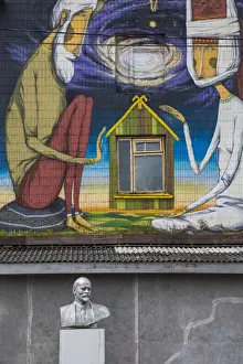 Former Soviet Union Prints: Bust of Lenin & Wall murals, Oktyabrskaya (former industrial area), Minsk, Belarus