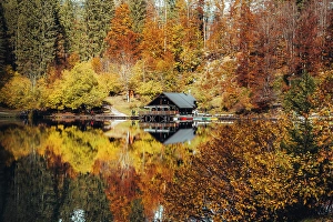 Environment Prints: Cabin at Fusine Lakes in Autumn, Friuli Venezia Giulia, Italy