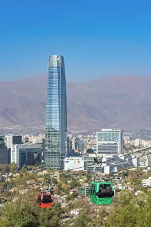 Images Dated 26th May 2022: Cable car with Gran Torre Santiago in background, Santiago Metropolitan Park, San Cristobal Hill