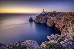 Algarve Prints: Cabo Sao Vicente Lighthouse at Sunset, Most Westerly Point of Europe, Algarve, Portugal