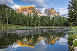 Cadini di Misurina mountain group reflecting on Antorno Lake, Belluno Province, Dolomites