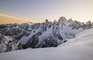 Cadini di Misurina during winter with fresh snow at sunset, Dolomiti di Sesto, Belluno