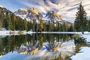 The Cadinis Reflecting in Lake Antorno, Dolomites, South Tyrol, Italy