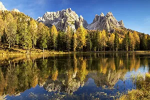 The Cadinis Reflecting in Lake Antorno in Autumn, Dolomites, Italy