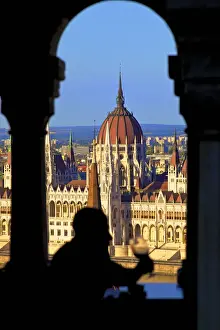 Neil Farrin Prints: Cafe at Fishermans Bastion with Hungarian Parliament Building in background