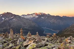 Hochfeiler Group Prints: Cairns on summit of Peterskaopfl with Lake Schlegeispeicher and Hochfeiler group