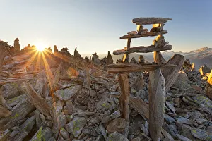 Backlight Prints: Cairns on summit of PeterskAopfl, Zillertal Alps, Tyrol, Schwaz district, Austria