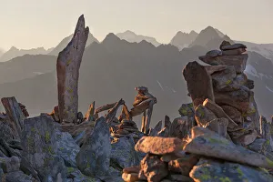 Cairns on summit of Peterskaopfl, Zillertal Alps, Tyrol, Schwaz district, Austria
