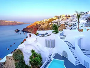 Santorini Prints: Caldera View from Katikies Hotel, Volcano Crater Santorini, Oia, Greek Islands, Greece