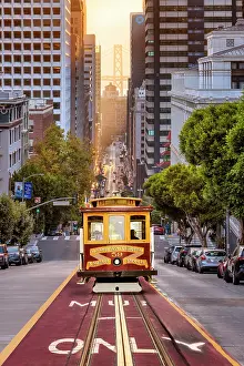 San Francisco Prints: California Street View and Cable Car Downtown Skyline, San Francisco, California, USA