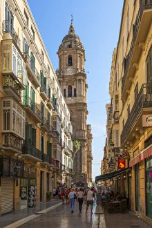 Calle Molina Larion with Cathedral in the old town, Malaga, Costa del Sol, Andalusia