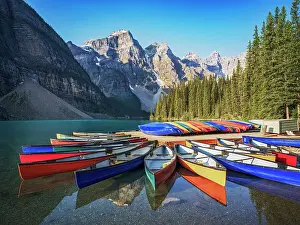 Glacier Prints: Calm Morning at Moraine Lake during summer in Banff National Park