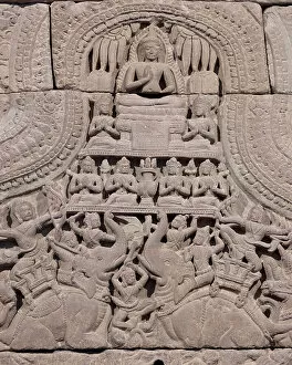 Images Dated 21st February 2023: Cambodia, detail of a Khmer carving from Angkor Wat showing a seated buddha in the Vitarka Mudra