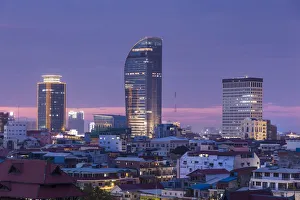 Cambodia, Phnom Penh, elevated city skyline, dusk