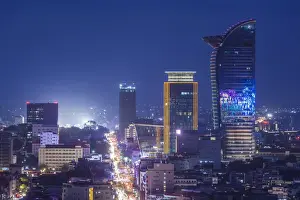 Cambodia, Phnom Penh, elevated city skyline along Monivong Boulevard, dusk