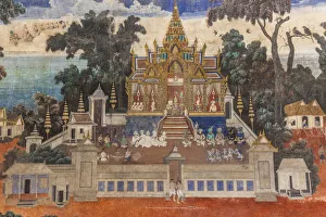 Cambodia, Phnom Penh, the Silver Pagoda, scene from wall mural depicting the Indian