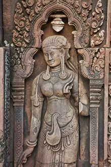 Images Dated 18th February 2011: Cambodia, Siem Reap, Angkor, Banteay Srei Temple, Relief Carving