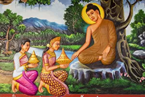 Buddha Gallery: Cambodia, Siem Reap, Preah Promreath Temple, Wall Mural Painting depicting the Life