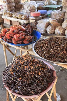 Images Dated 10th August 2015: Cambodia, Skuon, Local Market, fried Insects for sales