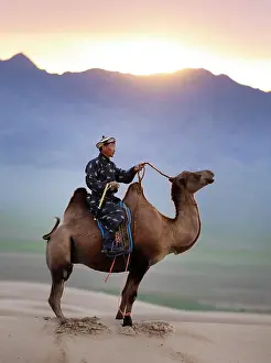 Mongolia Prints: Camel herder on his camel, Khongor Dunes, Gobi Desert, Mongolia, Asia