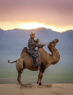 Mongolia Prints: Camel herder on his camel at sunrise, Khongor Dunes, Gobi Desert, Mongolia, Asia