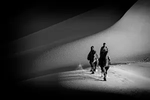 Gobi Desert Prints: Camel herder and camels in the Khongor Dunes, Gobi Desert, Mongolia, Asia