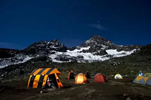 Images Dated 28th June 2017: Camping under the full moon, night shot of Mount Kilimanajro with tents