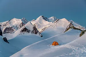 Q1 2024 Prints: Camping with tent surrounded by Monte Rosa glaciers