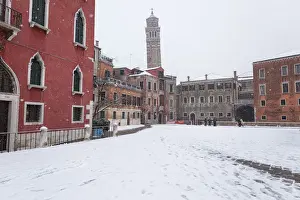 Snowflakes Prints: Campo Sant Anzolo with Santo Stefano Bell Tower during a snowfall, Venice, Veneto