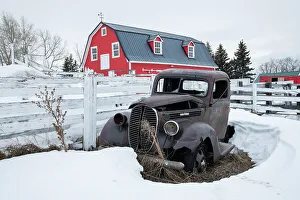Truck Prints: Canada, Alberta, Fort McLeod, Barn and old car