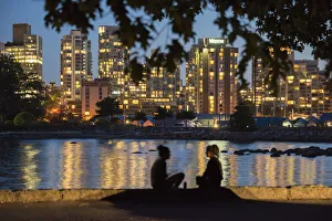 Canada, British Columbia, Vancouver, skyline from Stanley Park at night