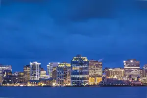 Canada, Nova Scotia, Halifax, Halifax city skyline from Dartmouth, dusk