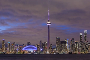 Canada, Ontario, Toronto, Harbourfront, CN Tower, Rogers Centre, and skyline from Olympic Island