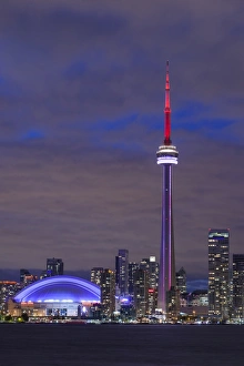 Canada, Ontario, Toronto, Harbourfront, CN Tower, Rogers Centre, and skyline from Olympic Island