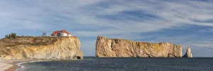 Canada, Quebec, Gaspe Peninsula, Perce, village buildings and Perce Rock, autumn