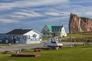 Canada, Quebec, Gaspe Peninsula, Perce, village buildings and Perce Rock, autumn