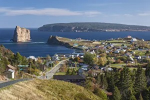 Gaspe Prints: Canada, Quebec, Gaspe Peninsula, Perce, elevated view of town and Perce Rock from Rt 132