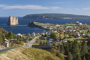 Gaspesie Collection: Canada, Quebec, Gaspe Peninsula, Perce, elevated view of town and Perce Rock from Rt 132