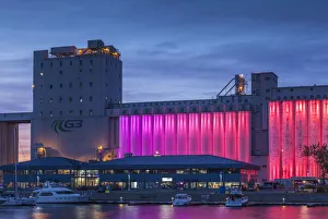 Basin Prints: Canada, Quebec, Quebec City, Bassin Louise, grain silos lit at dusk
