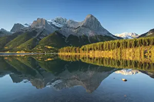 October Prints: Canadian Rockies vista of mountains reflected in a mirror still lake