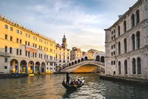Gondola Prints: Canal grande, Fondaco dei Tedeschi and Rialto Bridge at sunset, Venice, Veneto, Italy