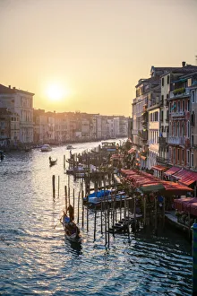 Gondola Prints: Canal grande at sunset near Rialto Bridge, Venice, Veneto, Italy