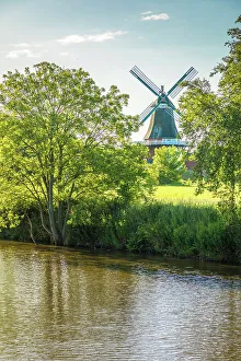 Siel Harbor Prints: Canal with Green Mill, Greetsiel, East Frisia, Lower Saxony, Germany
