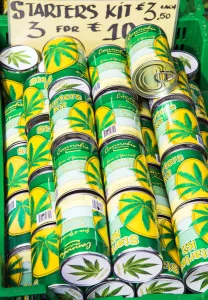 Stores Prints: Cannabis Starter Kit to grow your own marijuana on sale in a flower market, Amsterdam