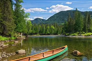 La Belle Province Prints: Canoe and Riviere Sainte-Anne Parc national de la Gaspesie, Quebec, Canada