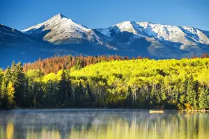 Canoeist on Pyramid Lake in Autumn, Jasper National Park, Alberta, Canada