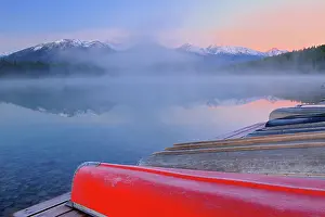 Canoes Prints: Canoes and Pyramid Lake in fog at dawn, Jasper National Park, Alberta, Canada